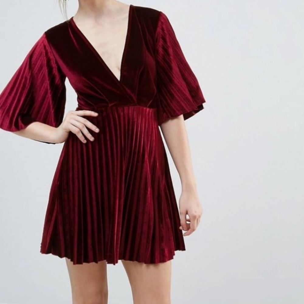 Burgundy pleated velvet dress